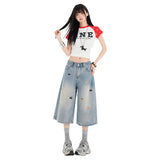 Puppy Embroidered Broad-Legged Seven-Point Jeans Women Low-Rise Loose Straight Eight-Point Thin Jeans