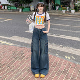 Vintage Blue Water Wash Trousers Jeans Women's New Retro High-Waist Straight Broad Leg Pants