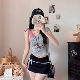 5118 # Summer New Sweet And Spicy Kitty Cat Lattice Spliced Oblique Shoulder Vest T-Shirt Female Side Strap Chest Cushion