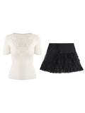 Poetic Lace Group Heavy Industry Lace Embroidered Wool Knitting Top Short-Sleeved Lace Skirt