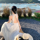 New French-Style White Moon Lace Spliced Back Summer Seaside Seaside Sling Dress