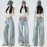 Small Retro Wash Wide Leg Jeans Women Autumn Design Embroidered Folds Loose Drag Trousers