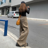 Love Embroidery Repair Ancient Low Saturated Leopard-Print High-Legged Loose Jeans Trousers & Long Spandex