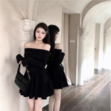 One-Word Shoulder Niche Thin Short Skirt Temperament Black Design Folded A-Character Dress Long-Sleeved Dress Spring And Autumn Girl