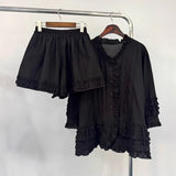 Korean Chic Design Is Sweet Heavy Industry Wood Ear Splicing Age-Rearing Shirt + High-Waist Shorts Two-Set 2 Color