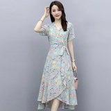 2026 Summer New Broken Flower Dress Summer Autumn French Ice Silk Long Thin Temperament Waist Dressing Dress