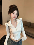Pure Hot Girl Rivet Line Design Sense Long Sleeve Open Shirt Female Gas Waist Double Zipper Short Top Tide