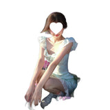 Dopamine Mint Green Flower Dress Women's Summer Gentle Wind Leaster Stitching Small Flying Sleeves To The Waist-Ponded Skirt