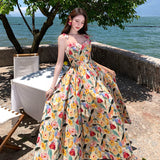 2025 Retro Square-Collar Oil Painting Sling Skirt Three-Dimensional Flower Temperament Print High-Waisted Splicing French Dress