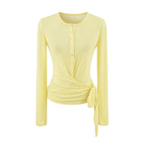 Round Collar Button Micro-Permeable Lace Repair Clothes Summer Straps Thin Long-Sleeved T-Shirt Girl