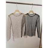 Spring And Summer South Korea In The Wind With Wave Dot Round Dot Mesh Round Neck Long Sleeves T-Shirt Top 2 Color