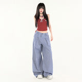 Vintage Niche Design Curved Broad Leg Pants Tidive Casual Free Blue Lattice Tug Trousers Spandex