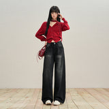 Blue-Gray Broad-Legged Trousers Women Autumn And Winter Jeans Women Retro High Waist Regular Denim With Tag
