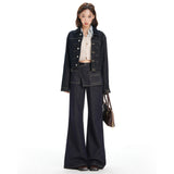 Deep Blue Retro Asymmetric Waist Seal Design Micro-Tipped Jeans Women 25 Years Autumn And Winter New Fake Two Broad-Legged Trousers