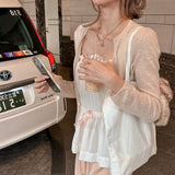 Fine-Flash Short Knitted Open-Shirt Fake Tie Strapped Breast Sling Cotton Bow Top Femininity Commuting