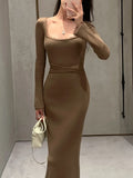 Curry Color Collar Splicing Lace Pit Knitted Dress Strapped Waist Long Sleeve Skirt