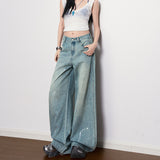 Light Blue Water Wash Mid-Rise Splash Ink Print Design Sense Jeans Women 2026 Spring New To Do Old Thin