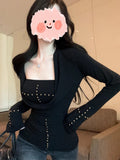 Vintage Hottie Deep V-Necked Long-Sleeved T-Shirt Girl Spring Black Rivet Stud Tops Folded Two-Piece Set