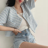 Korean Chic Spring And Summer French Small Fragrant Wind Pearl Buckle Round Necker Coarse Flowers Short Sleeves Jacket Topess