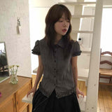 Korean Ins Summer Retro Temperament Folding Lace Lattice Thin Leisure Buckle Buckle Short-Sleeved Shirt Top 2 Colors