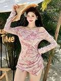 2026 New Bikini Swimsuit Women Micro Fat MM Burqa Dyed A Word Shoulder Mesh Long-Sleeved Swimsuit Summer