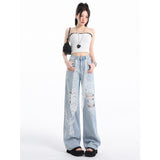 (No Belt) 2025 Summer Explosion Heavy Industry Lace Ripped Jeans Women High Waist Thin Korean Version Fashion Print