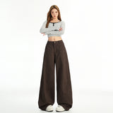 6605 New Coffee Color Retro Babes Split Jeans Women Straight Show Thin Loose Leg Trousers
