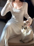 Cashmere Wool Blending U Collar Elegant Pure Knitted Long-Sleeved Skirt