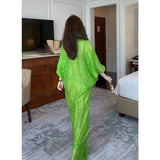 French Languid Green Dress 2026 Summer V-Neck Bat Sleeves Thin Perspective Holiday Style Long Shirt Skirt