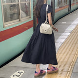 Korean Ins Temperament Simple Summer Cool Feeling Round Neck Short Sleeves With Long Dress 3 Colors
