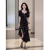 Smashed Floral Dress Woman 2025 Summer New French Bubble Sleeve Large Black Open Fork To Collect The Waist Thin Long Skirt