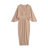 French Temperament Folded V-Neck Seven-Sleeved Dress Women's Knitted Long Dress Open Pocketed And Waist-Poked Skirt New