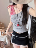 5118 # Summer New Sweet And Spicy Kitty Cat Lattice Spliced Oblique Shoulder Vest T-Shirt Female Side Strap Chest Cushion