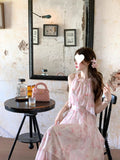 Beauty Dress / French Romantic Fairy Qi Hanging Neck Irregular Holiday Pink Floral Atmosphere Long Skirt Summer