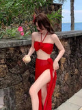 Red Three-Dimensional Flower Bikini Three-Piece Swimsuit Woman Hanging Neck Cue Dress Seaside Swimsuit