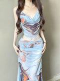 Art Fainting Print Hanging Neck Suit Female Neck Collar Collar Folded Folded Folded Strap Half-Dress Skirt Two