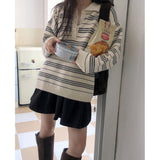 South Korea Chic Autumn And Winter New Loose Feeling Polo Collar Buckle Striped Sweater Lazy Casual Knitting Shirt