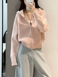 Korean Atmosphere Feels Autumn And Winter Wearing A Pink Sweater Wearing A Female Zipper Coat Hooded Knitted Open Shirt