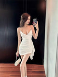 Sexy Babes Irregular Net Yarn Tight Ass Short Skirt Women Summer Night Lady Low Breast V Tie Hanging Dress