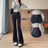 Denning Blue Micro-Trumpet Jeans 2025 Autumn Dress New High-Rise Thin Flip Pocket Drag Floor Lengthening Flared Trousers