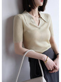 Sleeve Lyselle Summer Polo Collar Short-Sleeved Knitted Shirt Women's T-Shirt Simple Temperament Thin Top