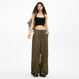 Army Green Broad-Legged Jeans Women's Loose Summer Retro Splicing Design Old Dad Drag Trousers
