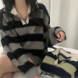 South Korea Chic Autumn And Winter New Lazy Wind Hit The Striped Polo Collar Cover Plush Knitted Sweater 4 Colors