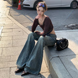 Heavy Retro Blue Bamboo Trumpet Micro-Tipped Jeans Women Do Not Stick To Legs Low-Rise Loose Trumpet Trousers Wide Leg Trousers