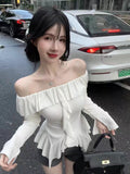 One-Word Shoulder Lotus Leaf Side Long-Sleeved T-Shirt Girl Autumn And Winter Pure Sweet Hot Girl Bare Shoulder Dress Irregular Bottom Shirt