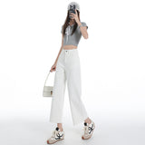 Eight Points / Nine Points Of Rice White Denim Straight Trousers Women 2026 Summer New Slant Front Bag Retro Broad Leg Pants