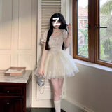 2025 New Breeze Bell Lanchi Sweet Princess Wind Bow Bow Eogen Yarn Short Dress Ponpong Dress Woman Summer