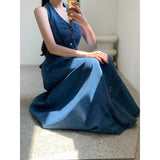 Korean Chic French High-Grade High-Rise Thin Casual Grinding Neck Buckle Sexy Denim Dress