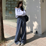 Vintage Deep Blue Striped Broad-Legged Jeans Loose Casual Straight Tug Trousers & Lengthy Vintage