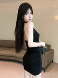 Black Sexy Care Machine V-Neck Lace Wrapped Chest Hanging Neck Ass Design Short Small Dress